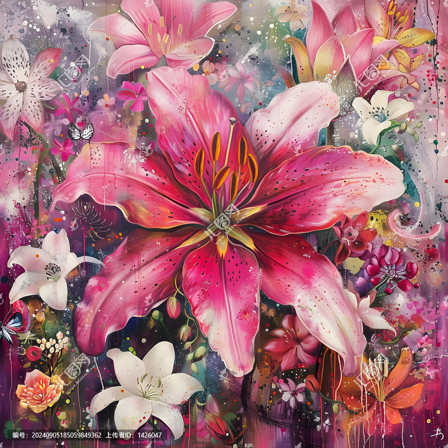 抽象主義粉色百合花與其他花卉背景繪畫