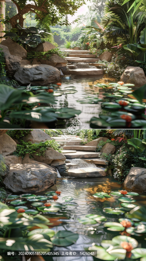 郁郁蔥蔥的花園里的小瀑布和百合池塘