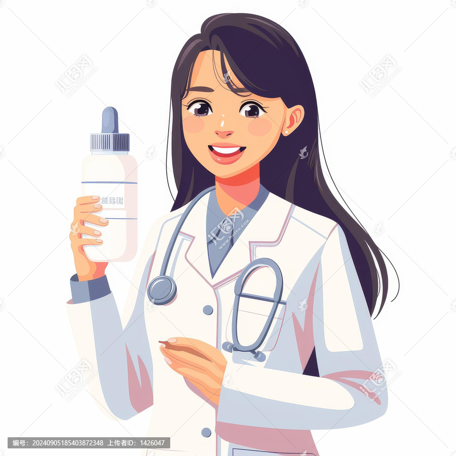 一位身穿白大褂的女醫(yī)生手拿一瓶藥面帶微笑