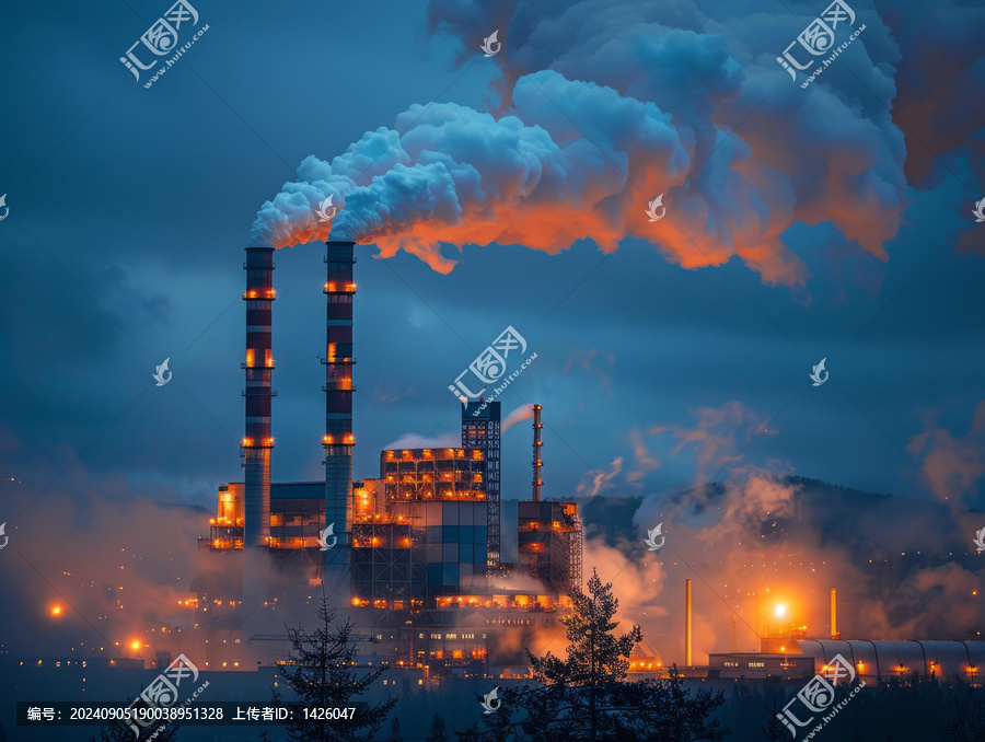 夜幕下工業(yè)工廠排放的空氣污染