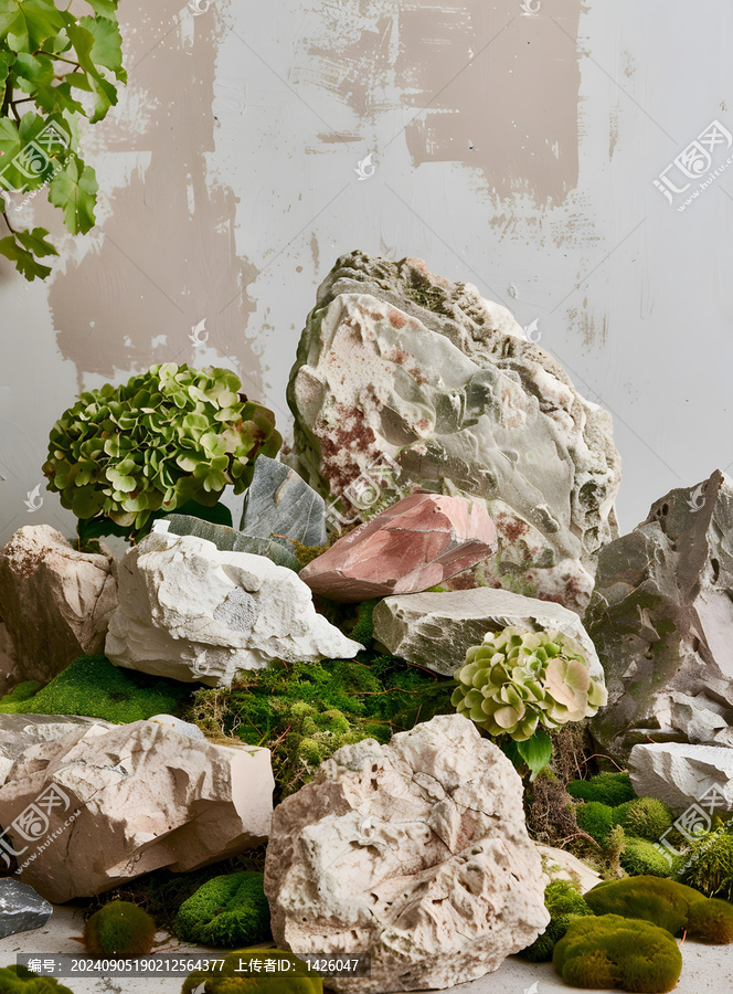 綠苔巖石與植物的自然背景
