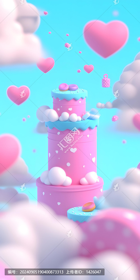 粉色蛋糕與愛心云朵的