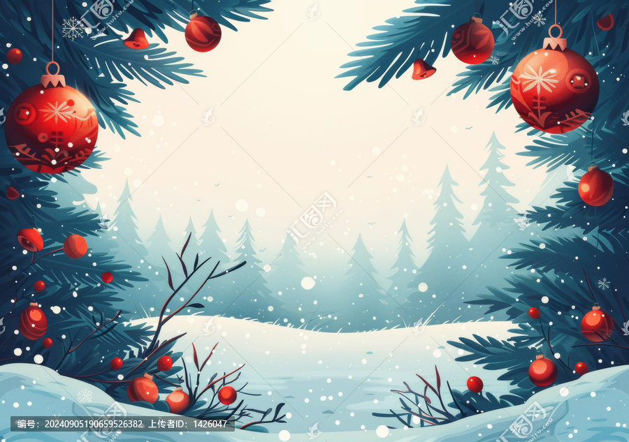 圣誕節(jié)冬季仙境景觀，白雪覆蓋的冷杉樹和紅色裝飾品
