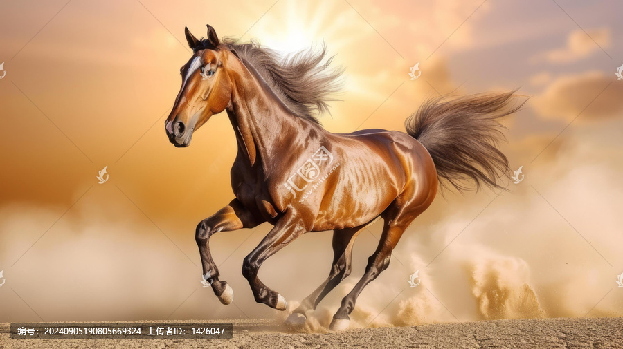 一匹美麗的棕色馬匹在沙漠中奔跑