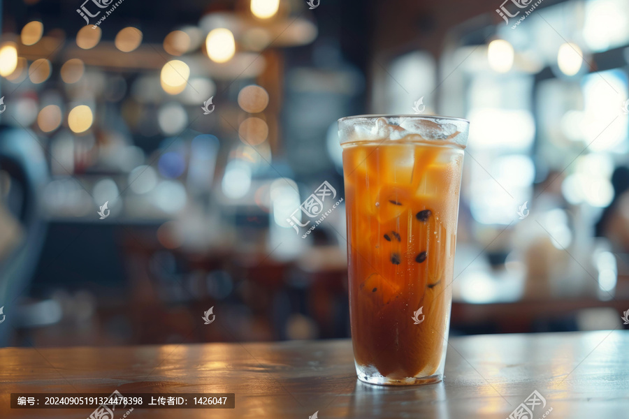 咖啡館木桌上的一杯冰咖啡