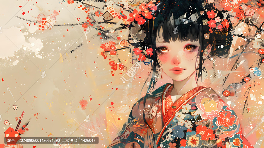一個身穿和服、頭戴櫻花的年輕女子的插圖