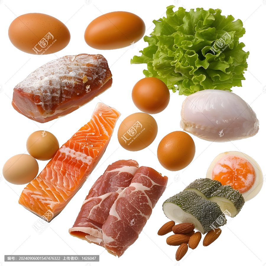 [免摳素材]健康食物概念，包含肉類、魚(yú)類、雞蛋、生菜和杏仁