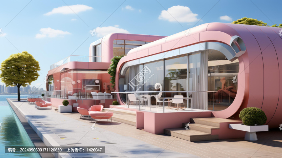粉色的現(xiàn)代住宅與泳池
