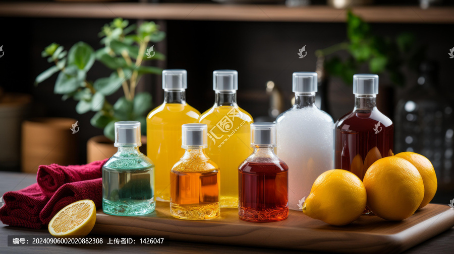 不同類型的彩色清潔產(chǎn)品配有檸檬和毛巾