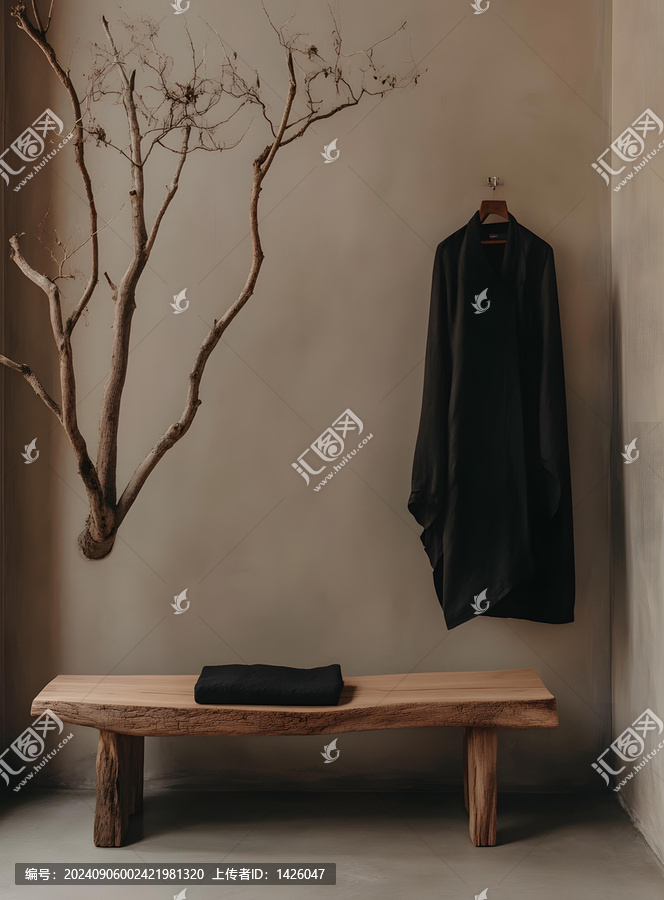 極簡(jiǎn)主義室內(nèi)設(shè)計(jì)，黑色長(zhǎng)袍掛在墻上，木質(zhì)長(zhǎng)凳