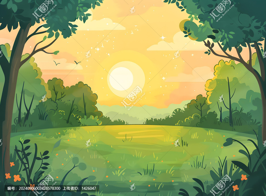 綠樹森林風景與太陽和云朵