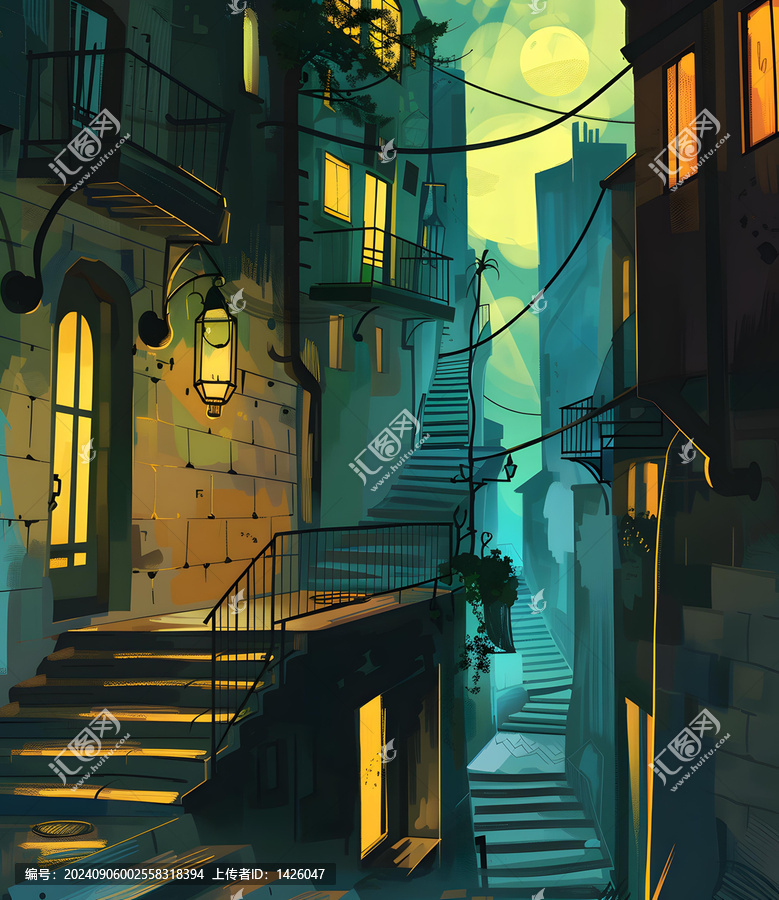 歐洲城市狹窄街道夜景