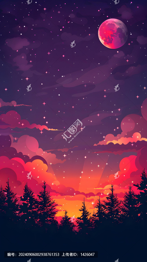 粉色月亮與星空森林剪影