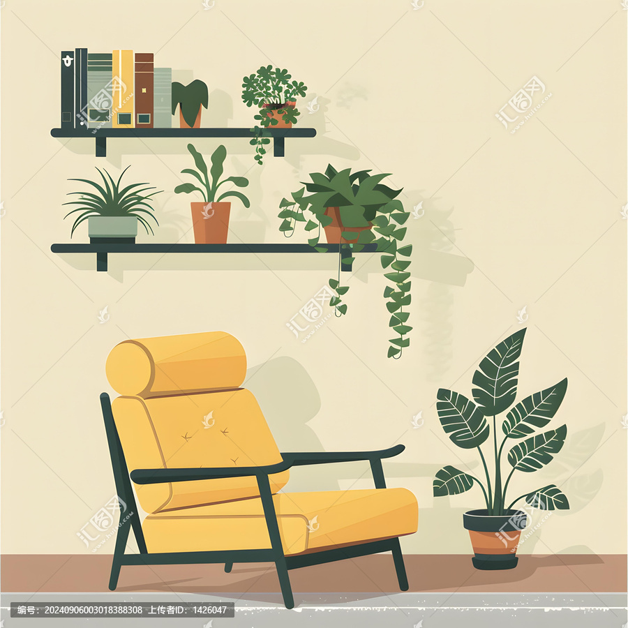 客廳里帶植物和書架的黃色扶手椅