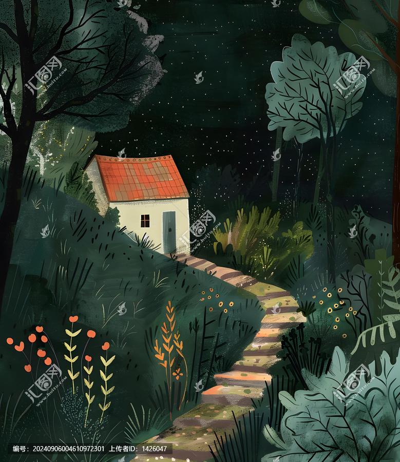 夜晚森林小屋