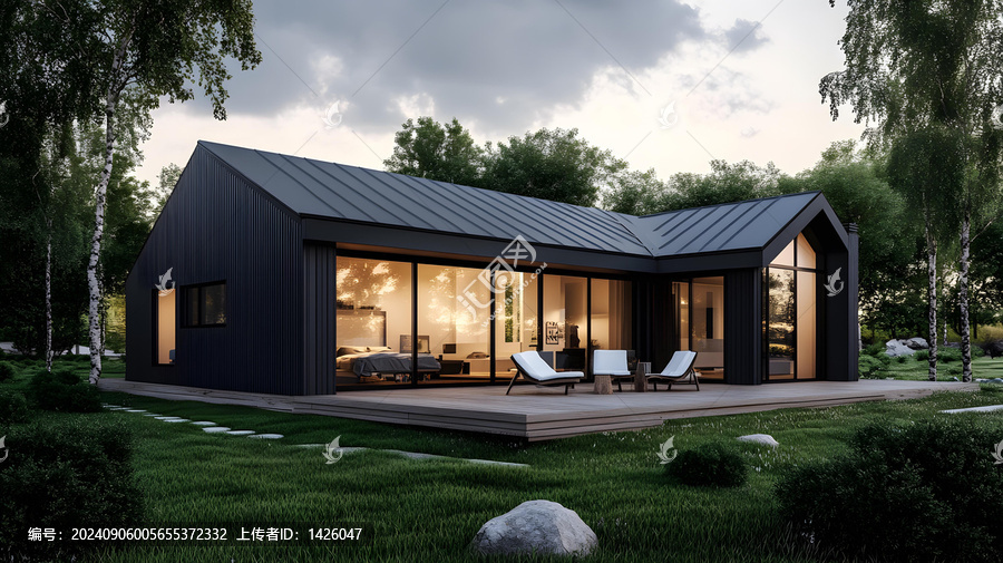 現代黑色住宅帶大型窗戶和木質露臺