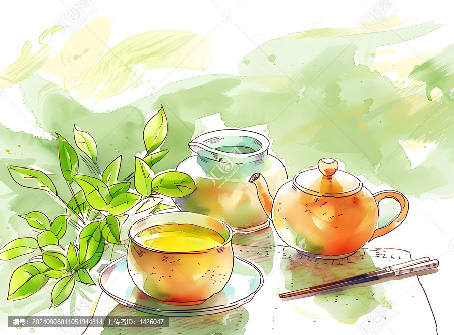 水彩綠茶茶具