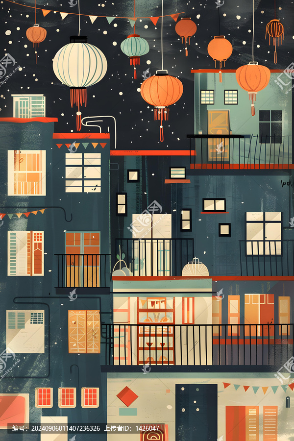 夜晚的中國建筑與燈籠