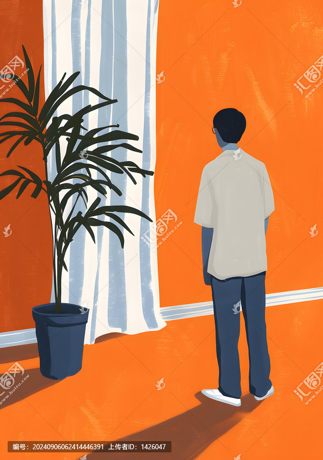 橘色墻壁房間里站著一個人
