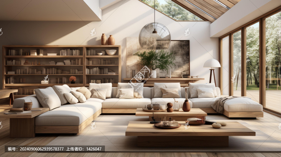 采用現(xiàn)代家具和木質元素的明亮通風的客廳