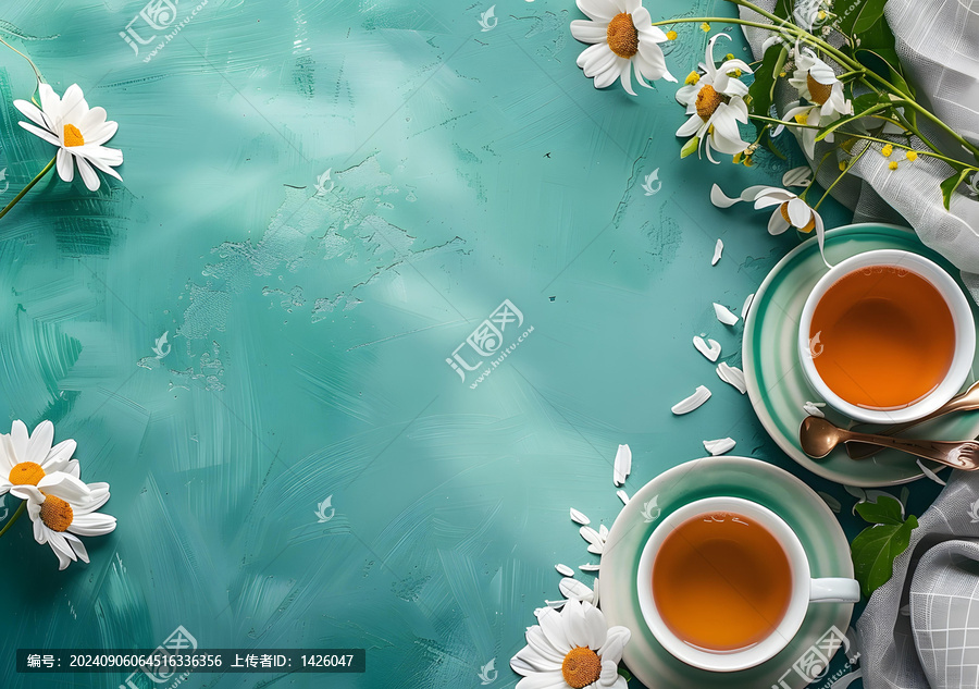 綠色的背景上放著茶杯和雛菊