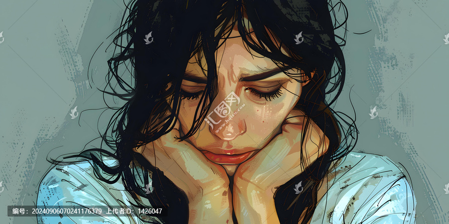 一個長發(fā)黑發(fā)女人用手托著頭