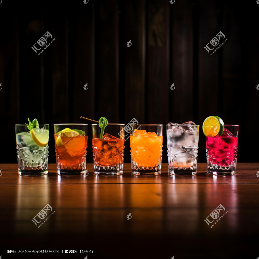 木質(zhì)吧臺(tái)上的雞尾酒