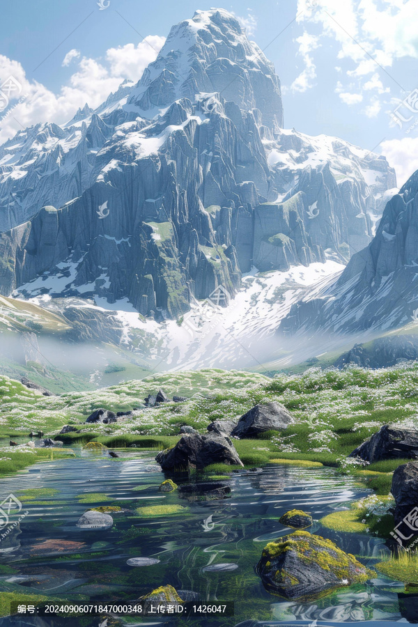 雪山下的湖泊和綠草地