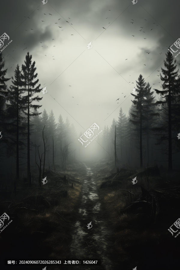一條陰森恐怖的森林小路周圍都是枯死的樹木