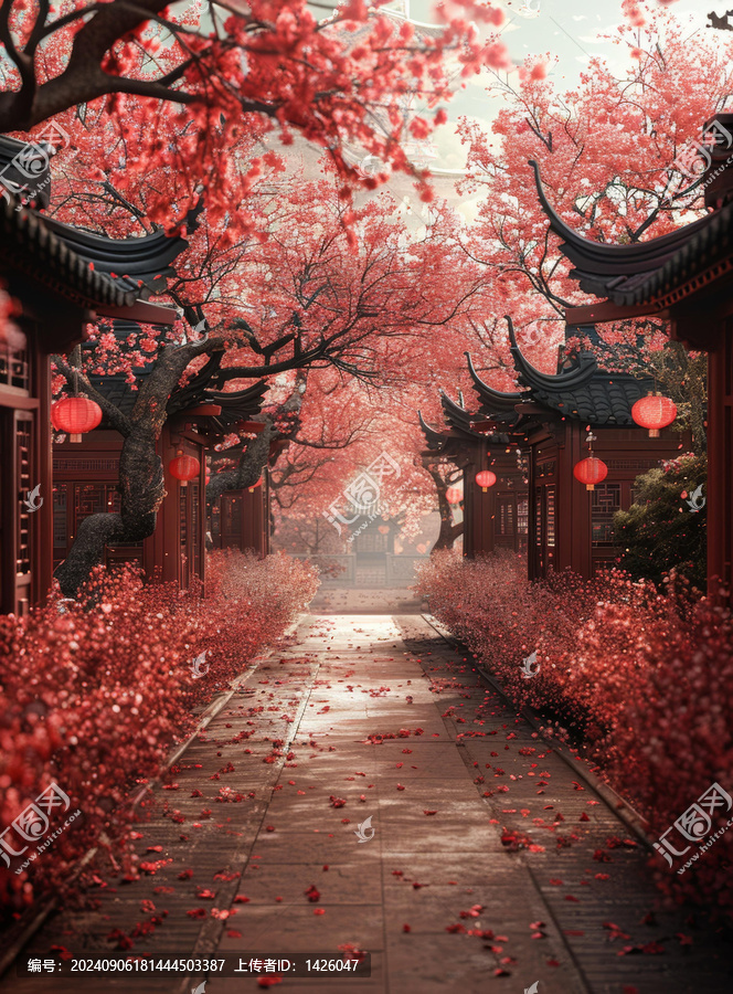 中國庭院紅燈籠粉櫻花