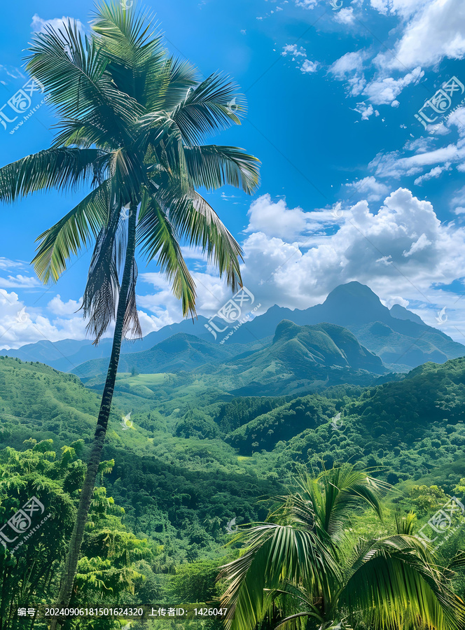熱帶島嶼上的棕櫚樹(shù)和山脈