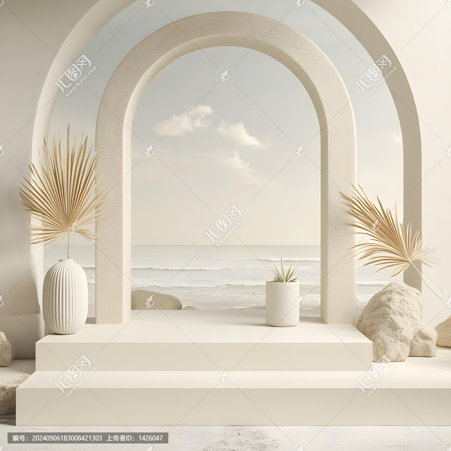 極簡主義白色拱門與海景