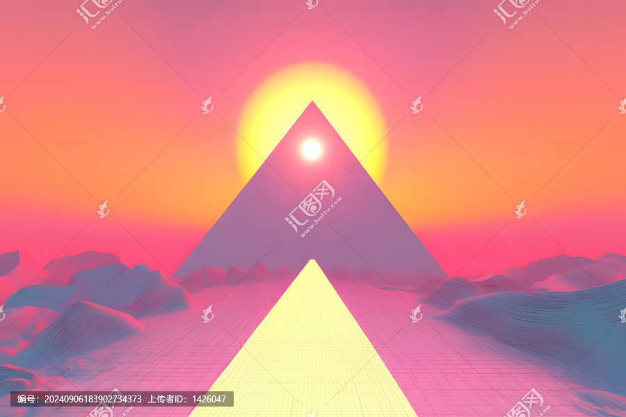 三角形山脈日落與路徑
