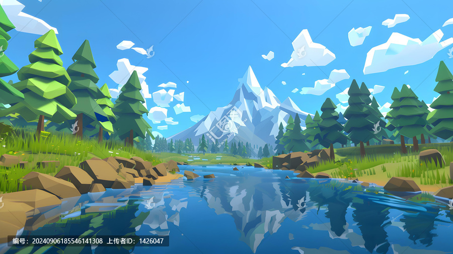 低多邊形山川河流景觀