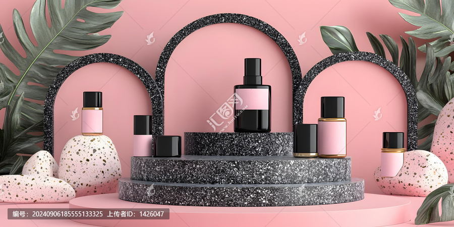 粉色和黑色香水瓶的石質(zhì)展示臺(tái)