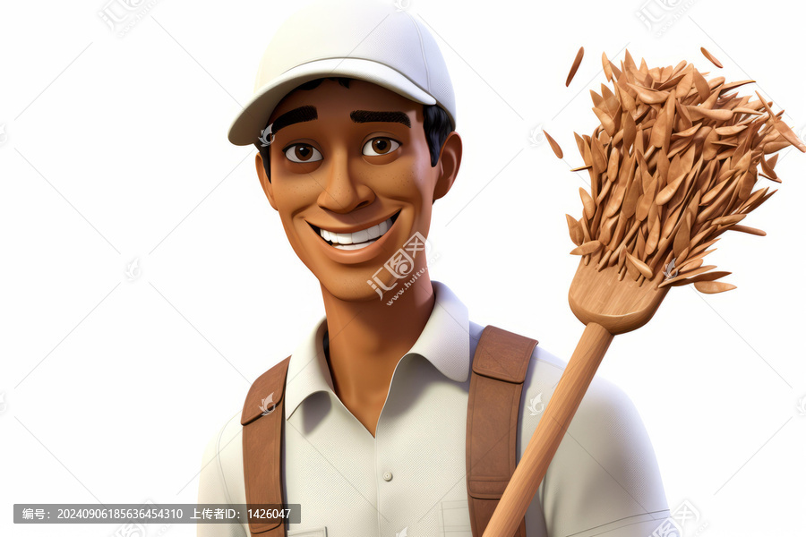 戴帽子的男人拿著掃帚