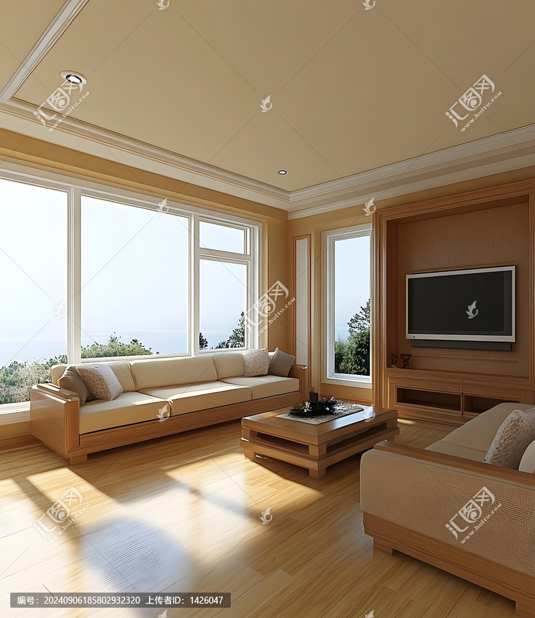 現(xiàn)代木質(zhì)家具客廳設(shè)計(jì)，帶大窗戶(hù)