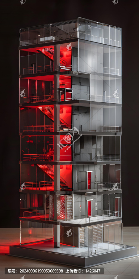 現代建筑模型,紅色燈光