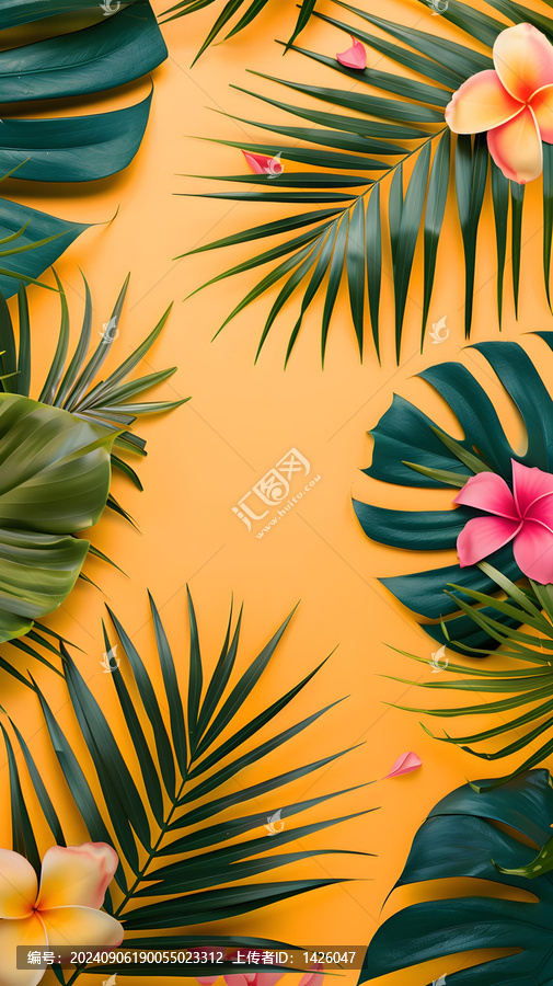 黃色背景上的熱帶植物和花卉