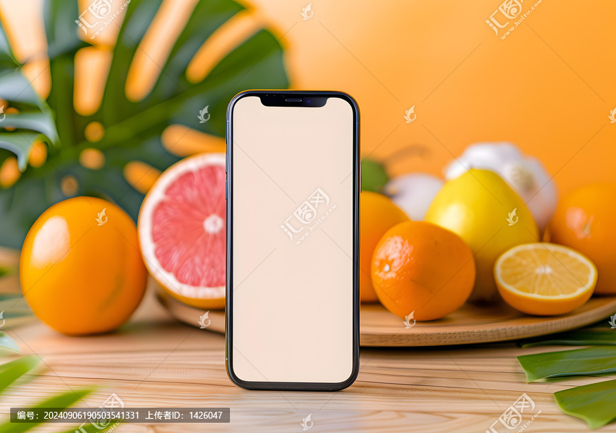 木質(zhì)桌面上的水果和智能手機模型