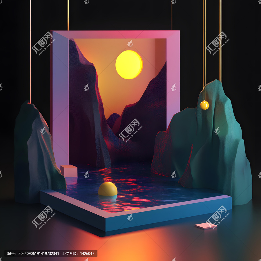 3D極簡主義山水日落場景