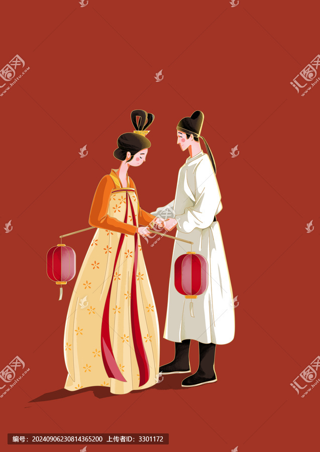 手繪逛燈會(huì)的男女古代