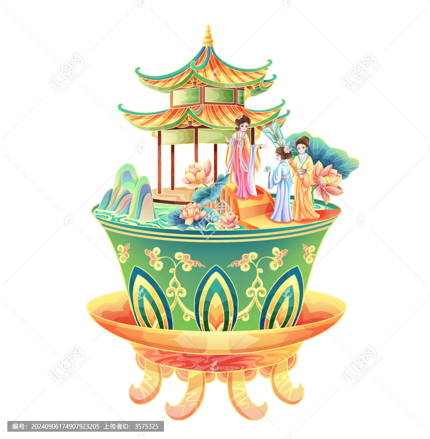 國風亭子品茶賞花仕女場景