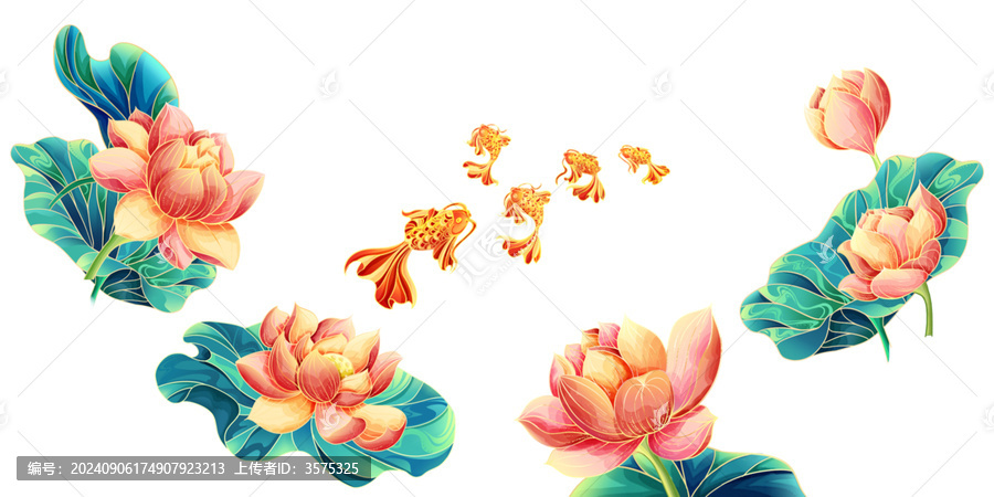國風荷花錦鯉插畫元素