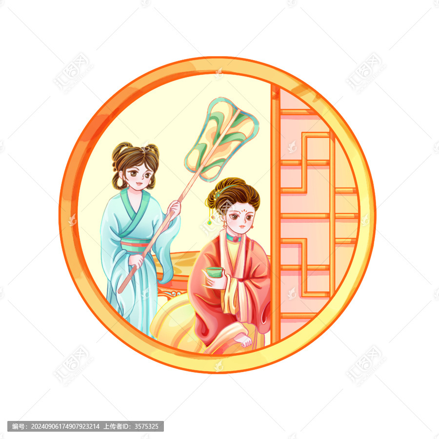 國風花窗品茶仕女美女插畫