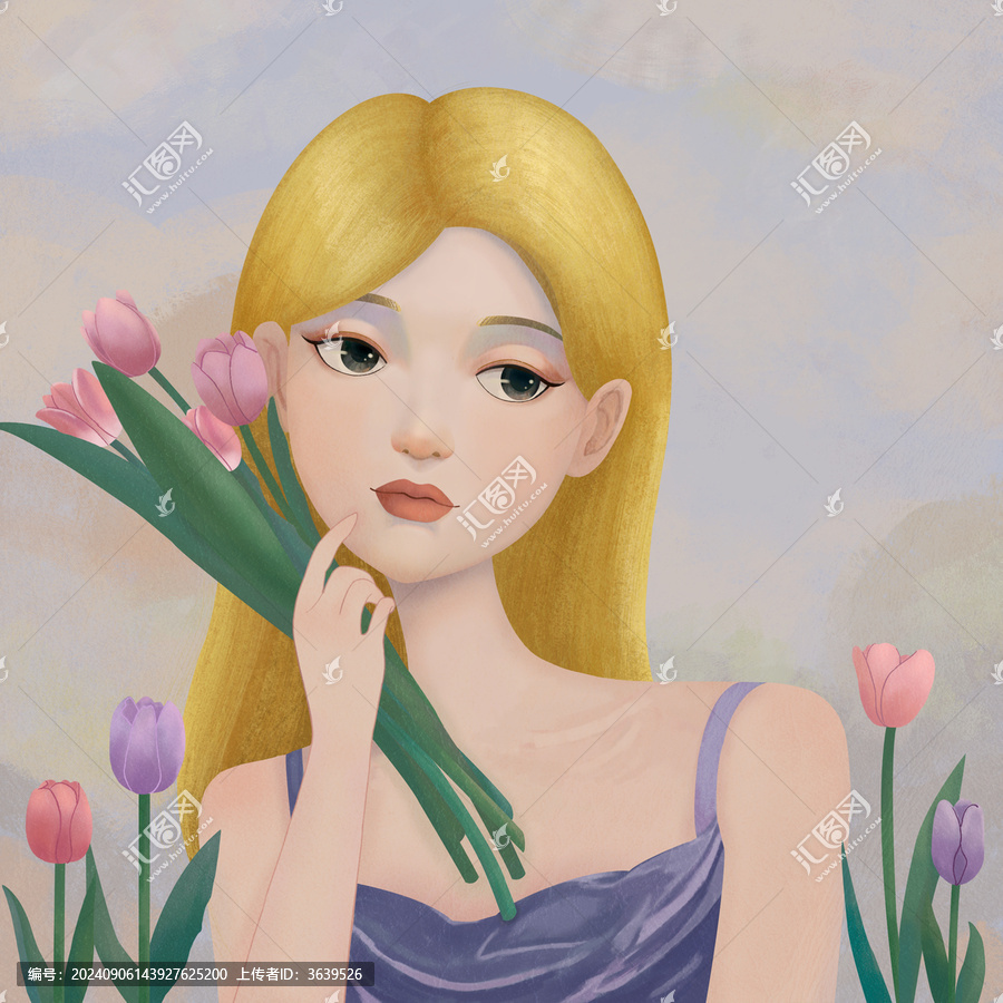 手中拿著郁金香的金發(fā)少女