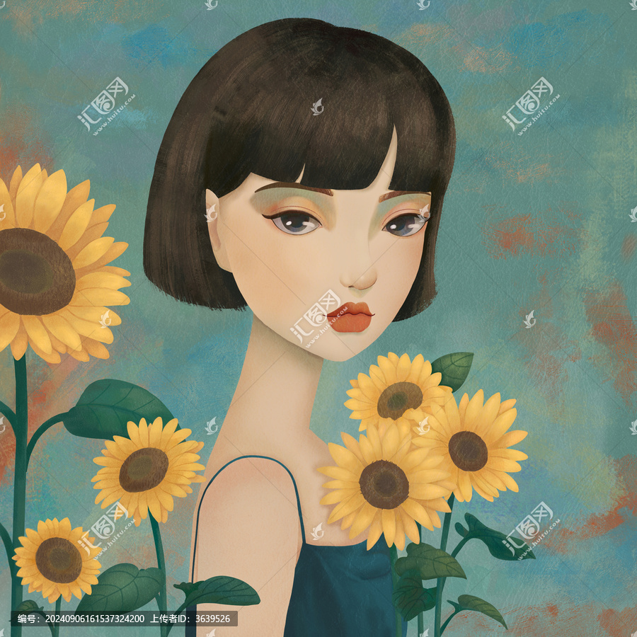 身在向日葵花叢中的短發(fā)少女