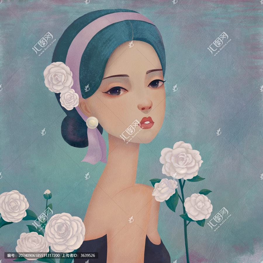 頭戴茶花的茶花女復(fù)古肖像畫(huà)