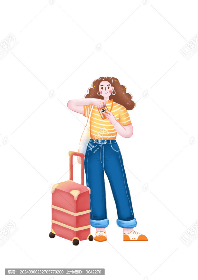 旅行拍照的時(shí)尚女孩拿著箱子