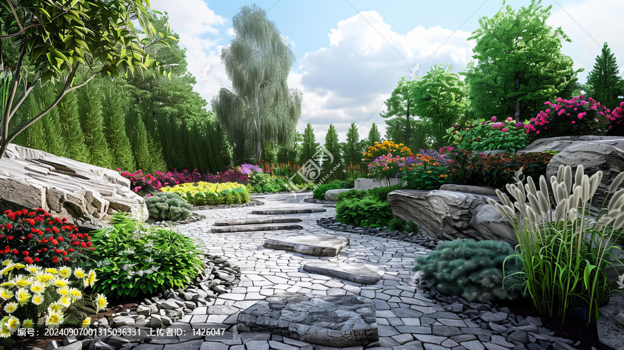 美麗的花園小路五顏六色鮮花